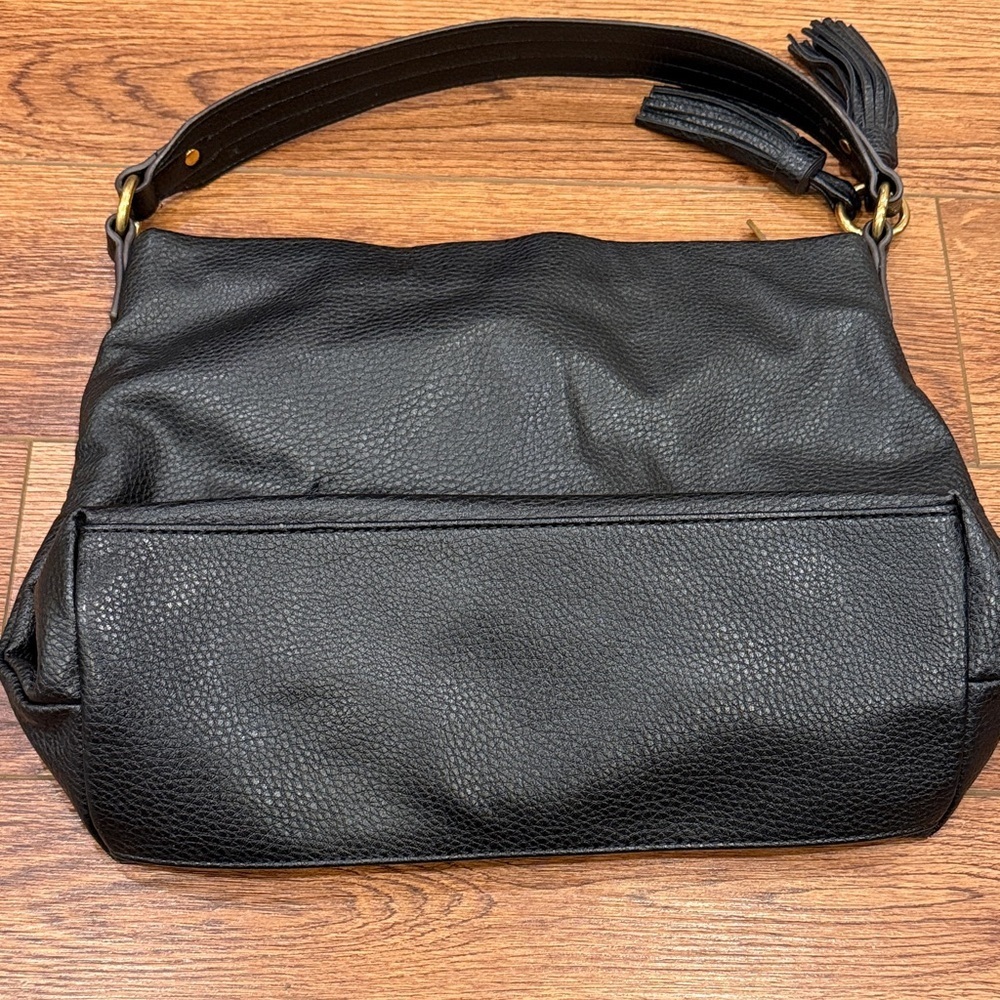 Anne Klein Black Pebbled Leather Shoulder Hobo with Tassel - Picture 12 of 12